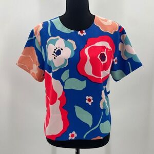 Kate Spade Floral Stripe Mixed Media Blouse Blue Red White Size 6 NJMU4895